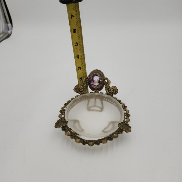 VINTAGE BRASS ORMOLU VANITY trinket Dish bowl frosted Glass CAMEO Guild Crest - Picture 4 of 13